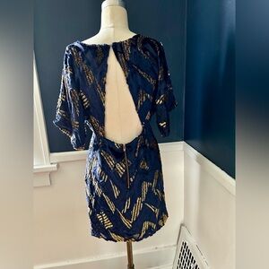 Yumi Kim navy silk velvet and gold metallic flocked short dress, size Medium